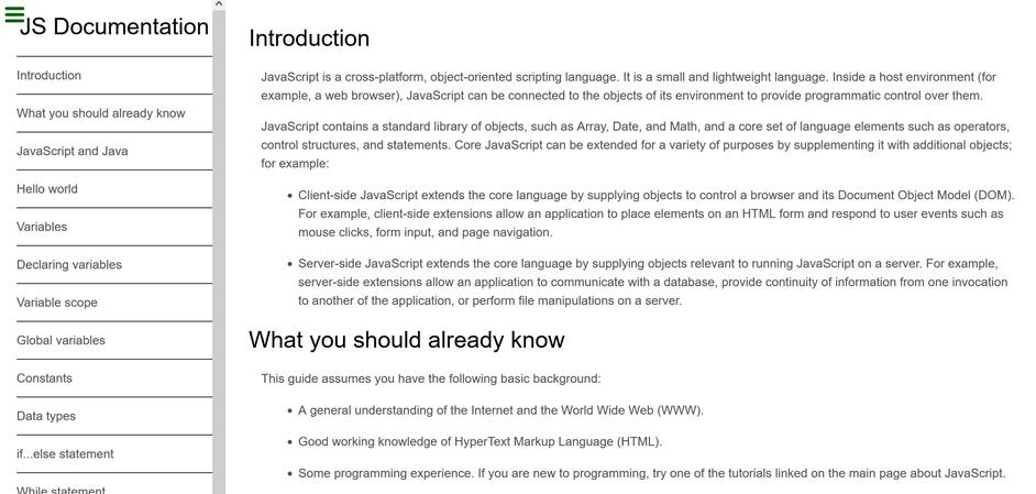 Documentation Page (2021) (HTML, CSS, JavaScript)